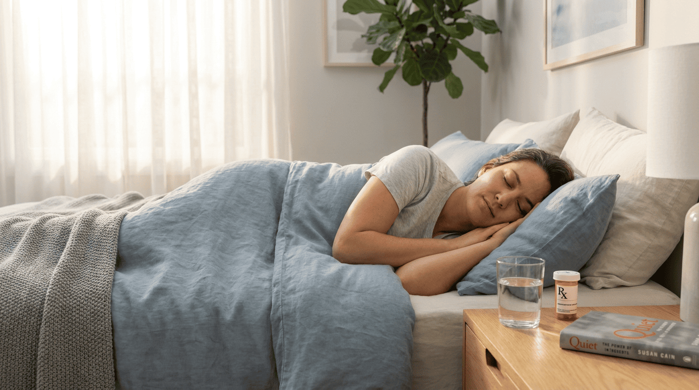 Person sleeping peacefully with a sleep aid bottle on the nightstand, representing the best sleep aid for insomnia in the UK.