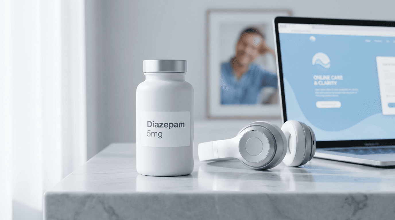 Close up of Diazepam 5mg tablets bottle on a desk representing buying Diazepam online UK for anxiety relief.