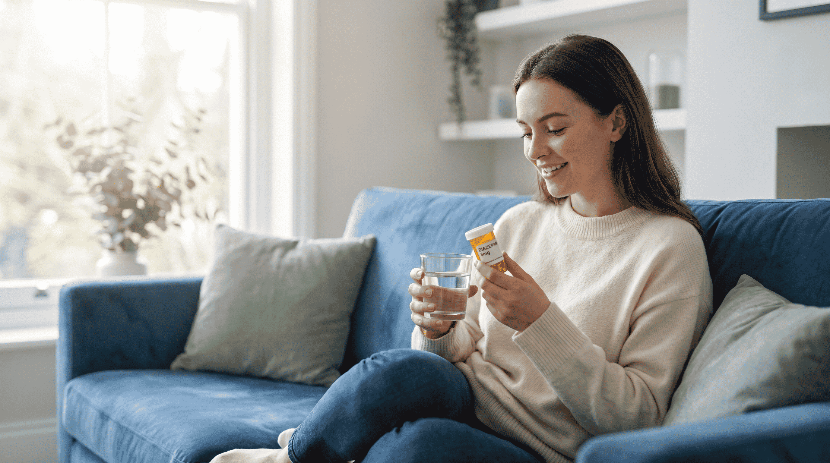 Woman holding Diazepam prescription bottle, looking calm and relaxed, representing anxiety relief in the UK.