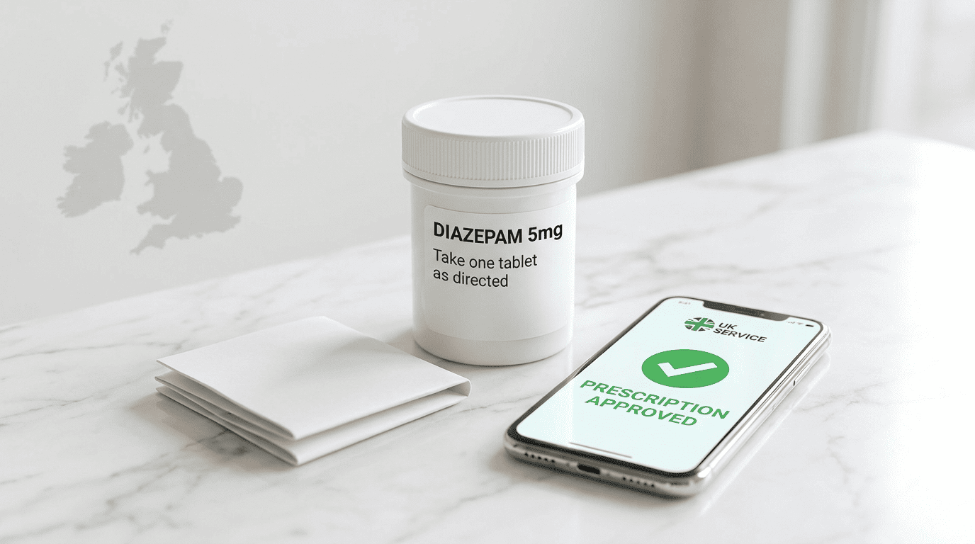 White Diazepam 5mg bottle and pills on a desk next to a smartphone showing a prescription approval, representing buying diazepam online in the UK.