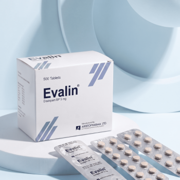 Evalin 5 mg diazepam tablet box with silver blister packs
