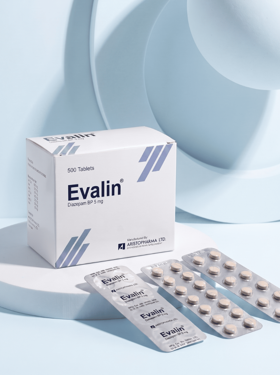 Evalin 5 mg diazepam tablet box with silver blister packs
