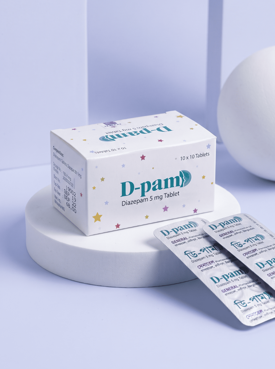 D-Pam 5 mg diazepam tablet box with branded blister packs