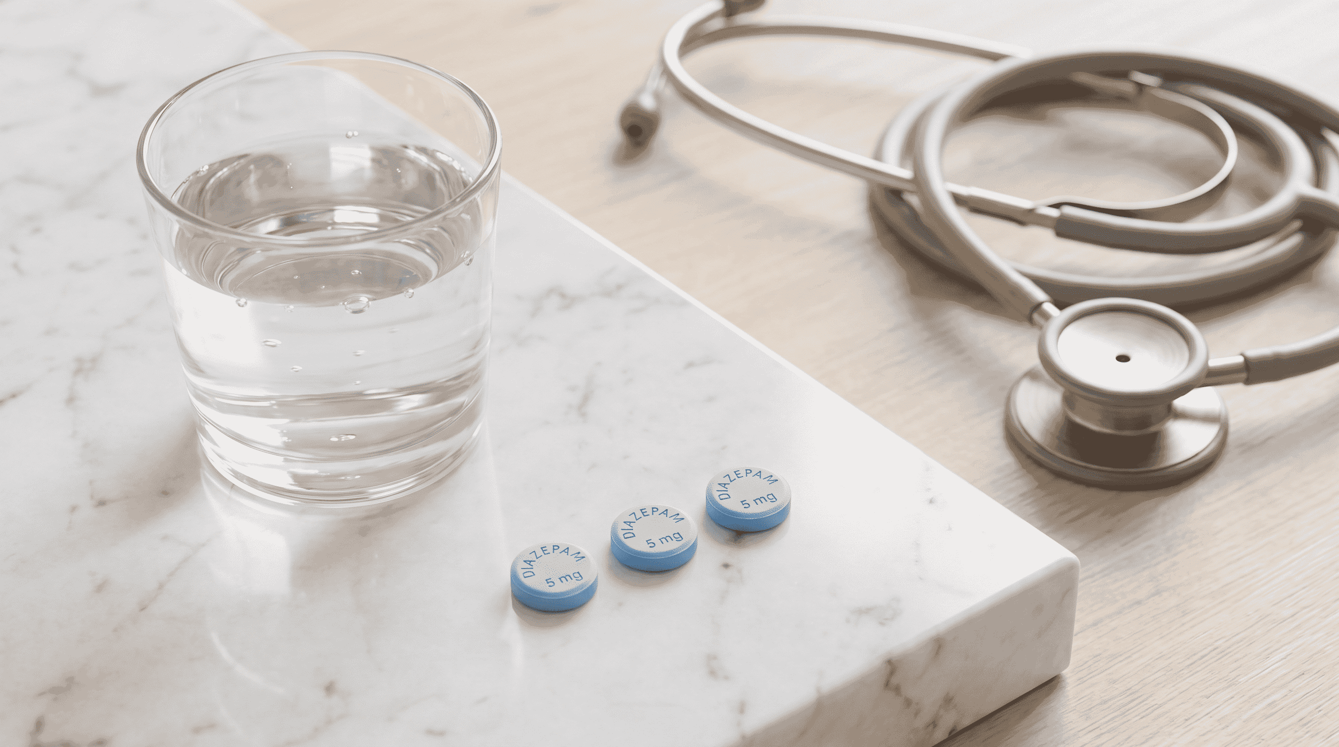 Close-up of Diazepam 5mg tablets and a glass of water on a white surface, representing fast delivery of anxiety medication in the UK.