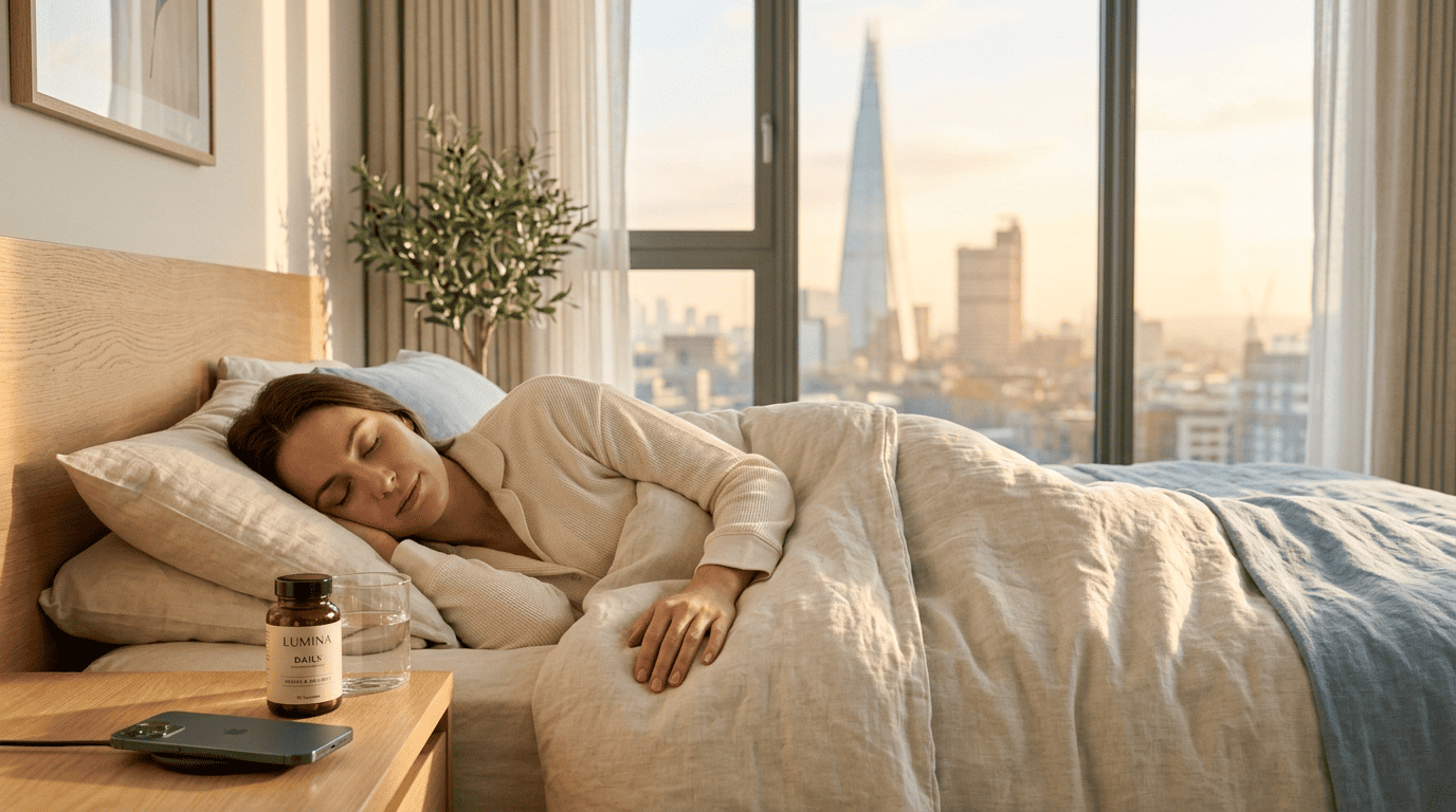 Woman sleeping peacefully in a modern UK bedroom, representing effective insomnia treatment and natural sleep aids.