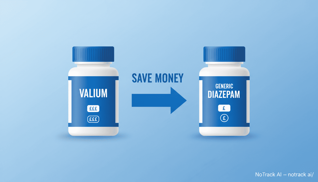 Infographic showing cost savings when buying generic Diazepam instead of brand name Valium.