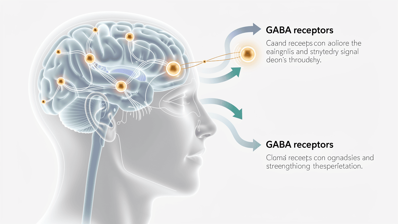 Diagram showing how Diazepam activates GABA receptors in the brain to reduce anxiety signals.