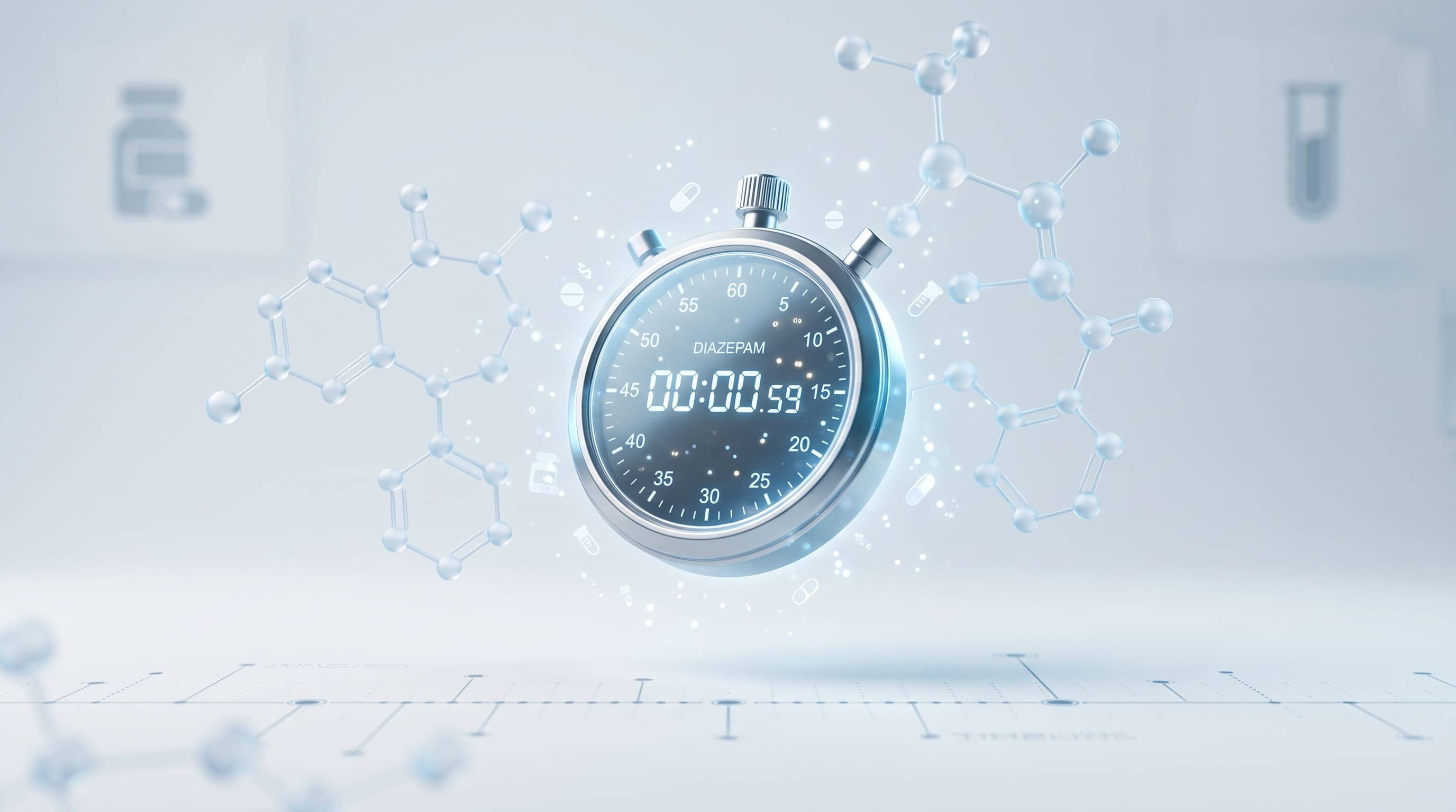 Digital clock and molecular structure illustrating how long Valium stays in your system, helping users understand detection times before buying Valium online.