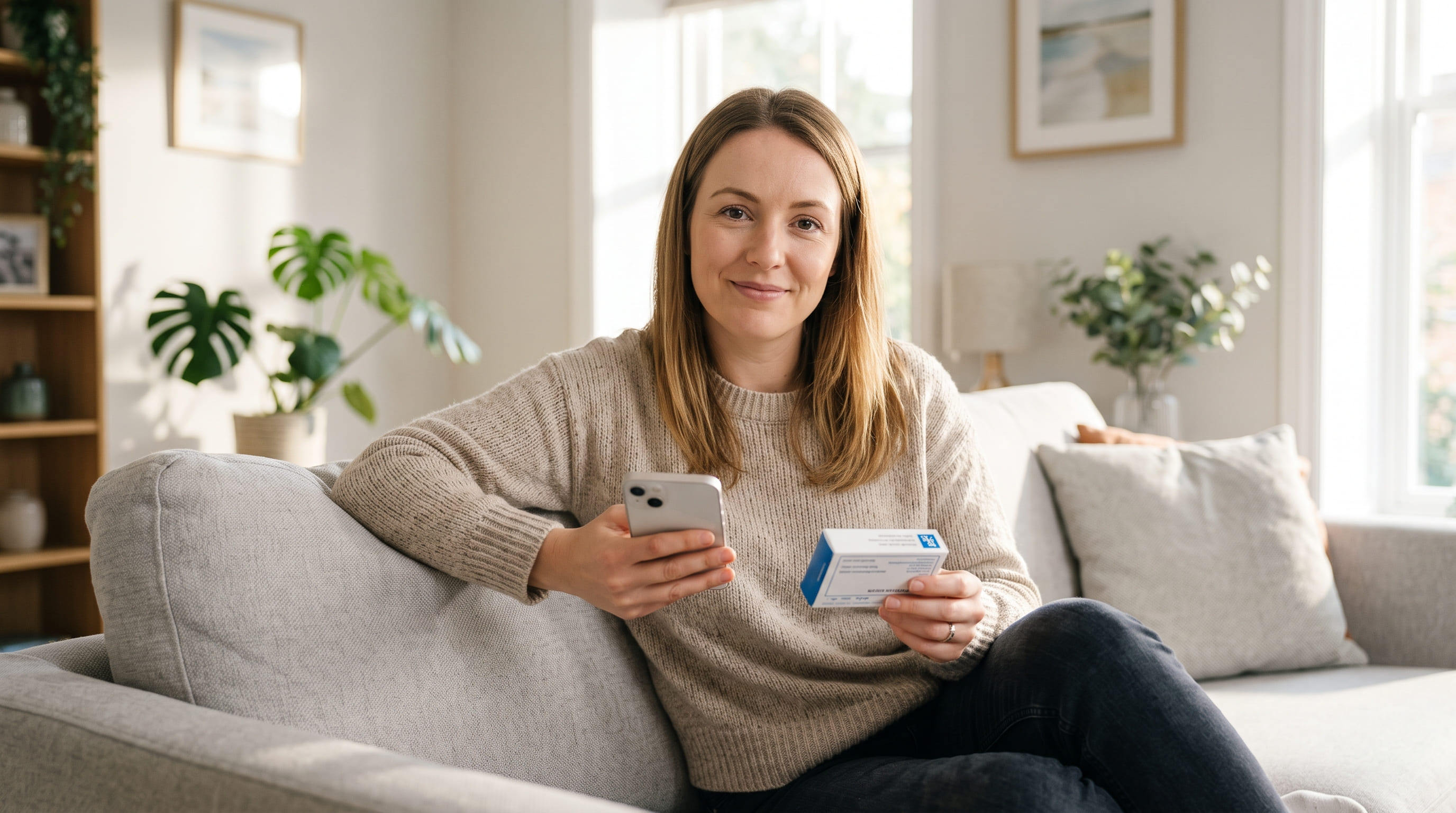 Woman relaxing at home using smartphone to buy Diazepam online for anxiety relief