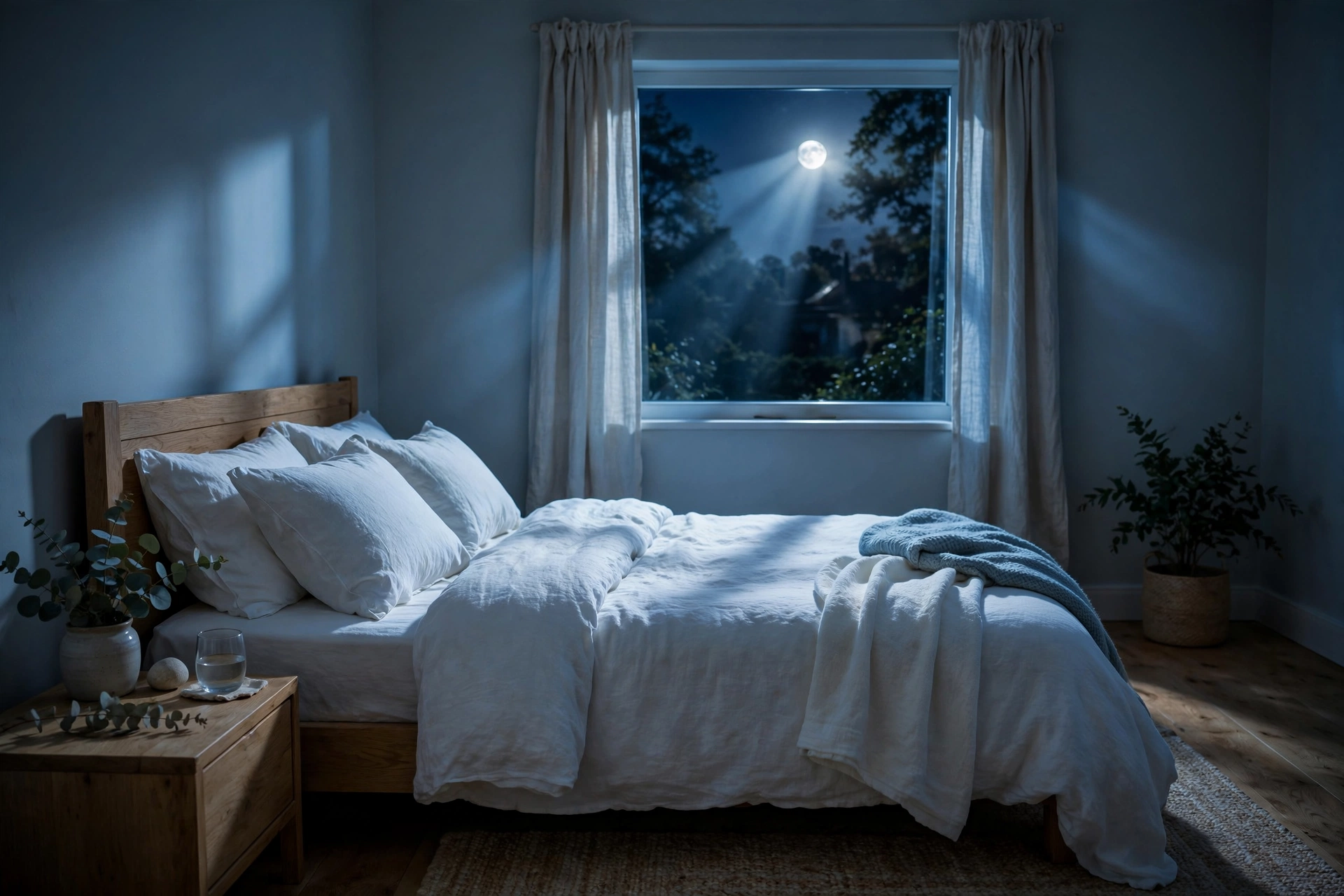 Peaceful moonlit bedroom with cozy bed, representing restful sleep