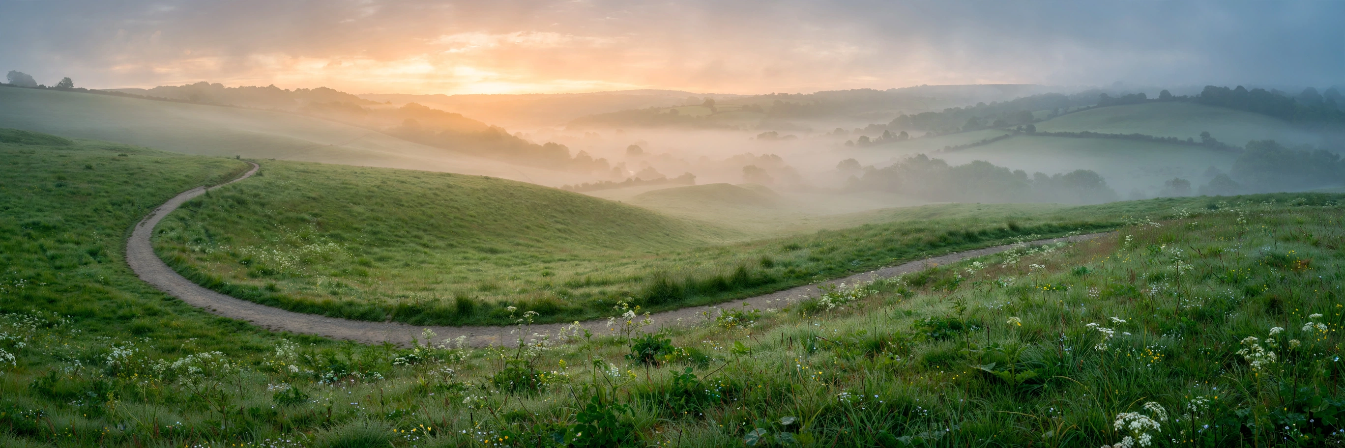 Sunrise over rolling green hills, a calm path symbolising a safe diazepam taper journey in the UK