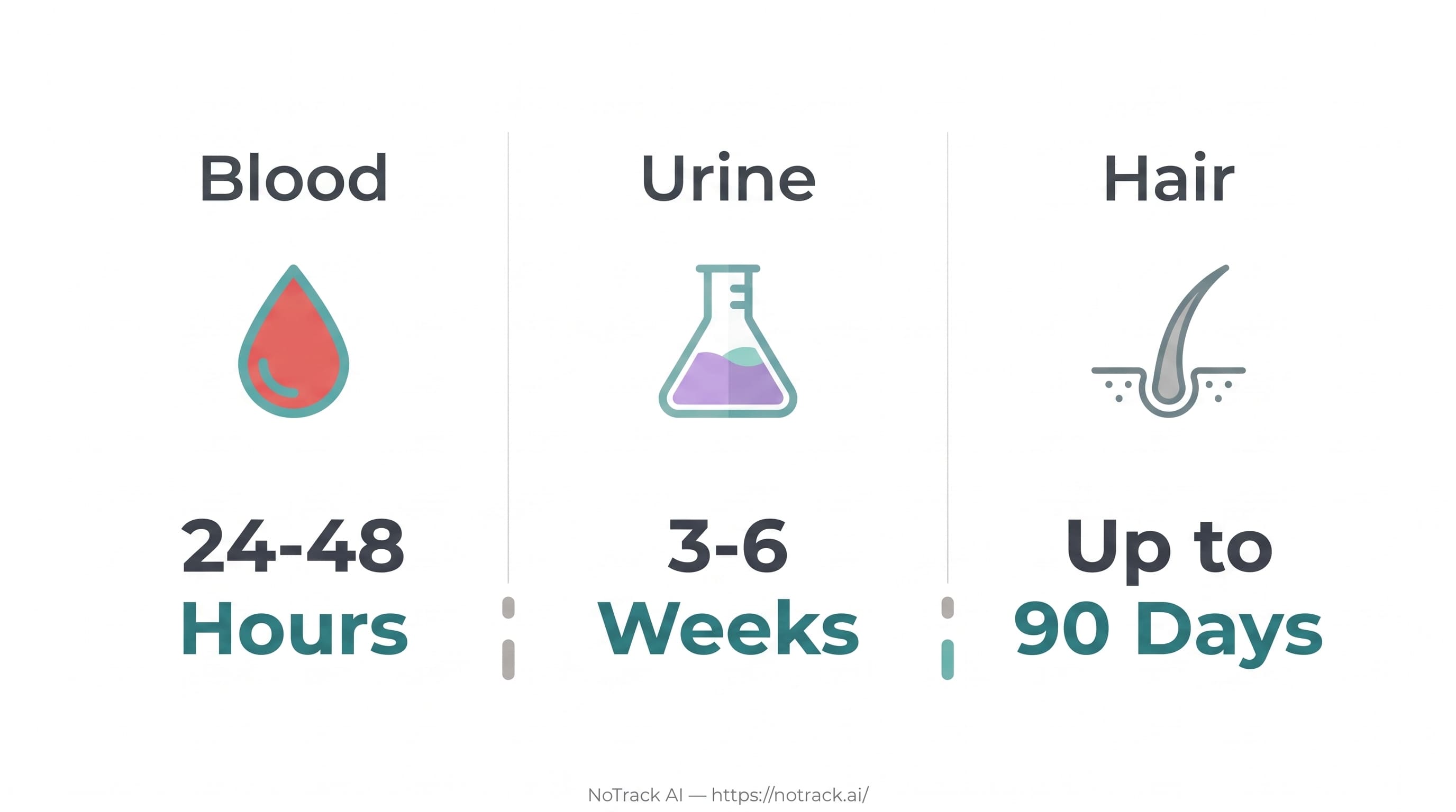 Infographic comparing Valium detection times in blood, urine, and hair, showing exactly how long Valium stays in your system after last use.