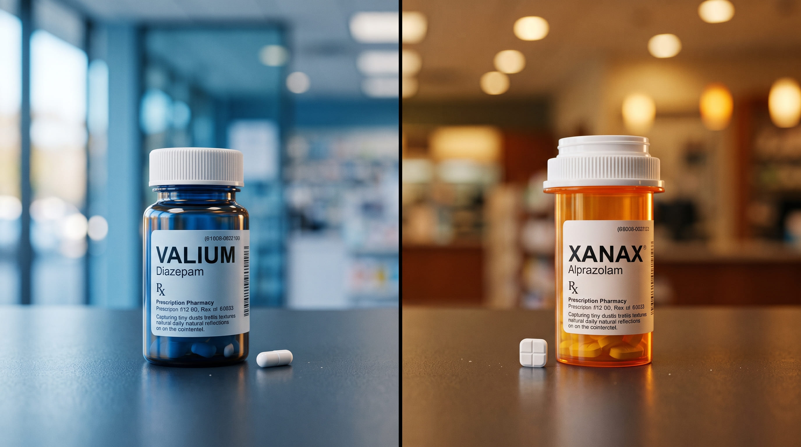 Split screen comparison of Valium and Xanax bottles for anxiety treatment, helping users decide which to buy online in the UK.