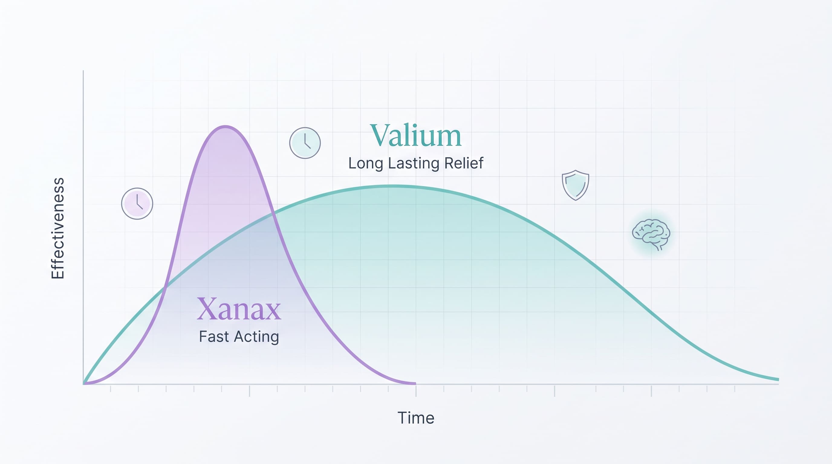 Infographic showing the difference in duration between Valium and Xanax for anxiety, highlighting why buying Valium online offers longer-lasting relief.